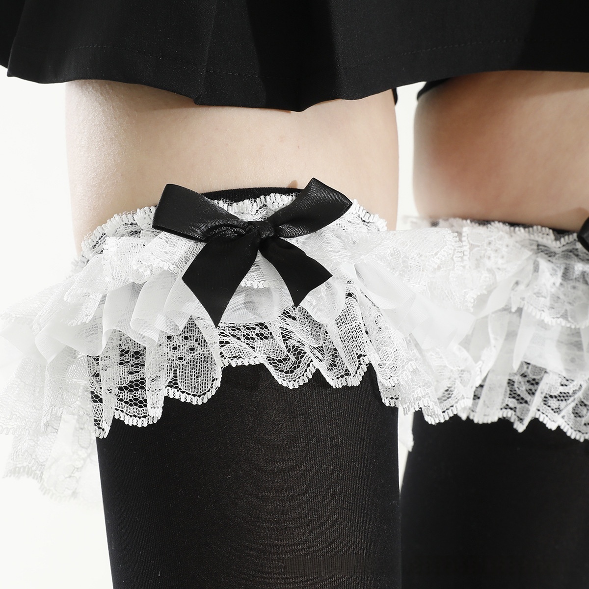 Thigh High Stockings with Lace Ruffle Trim And Bow Detail